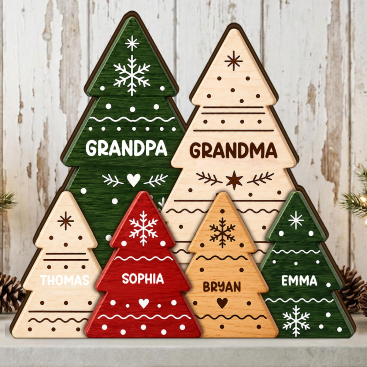 Rustic Christmas Tree - Personalized Wooden Block Plaque - Christmas Decor For Grandparents