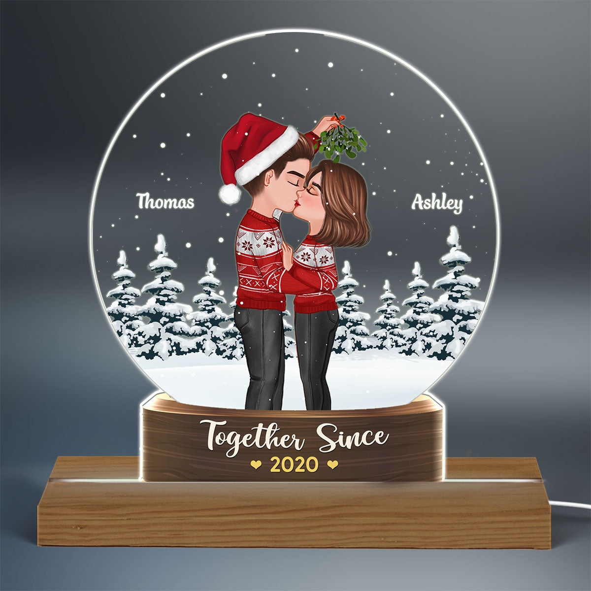 Couple Kissing Under Mistletoe Snow Globe Personalized Acrylic Custom Shape LED Night Light