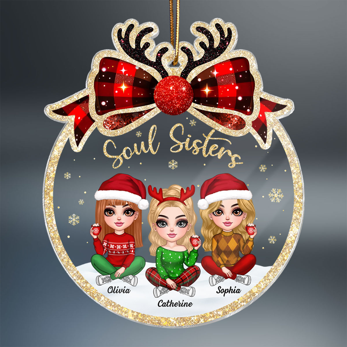 Lovely Besties Christmas Bow Personalized Acrylic Ornament, Christmas Gift For Best Friends