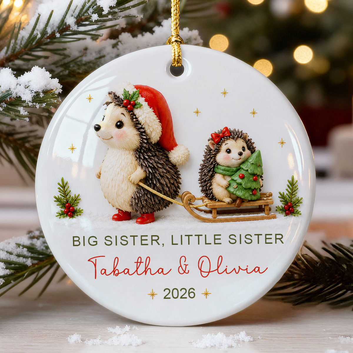 Big Sister Little Brother Sister Hedgehog 2D Flat - Personalized Ceramic Ornament - Christmas Keepsake
