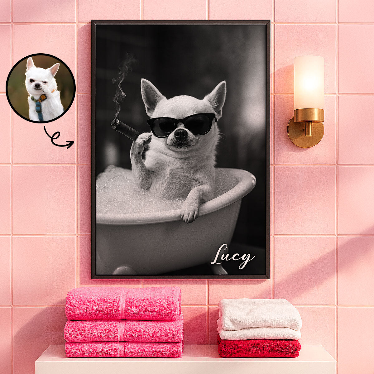 Custom Pet Portrait from Photo, Funny Bathroom Dog Reading Newspaper on Toilet, Dog Wall Art, Personalized Pet Gift