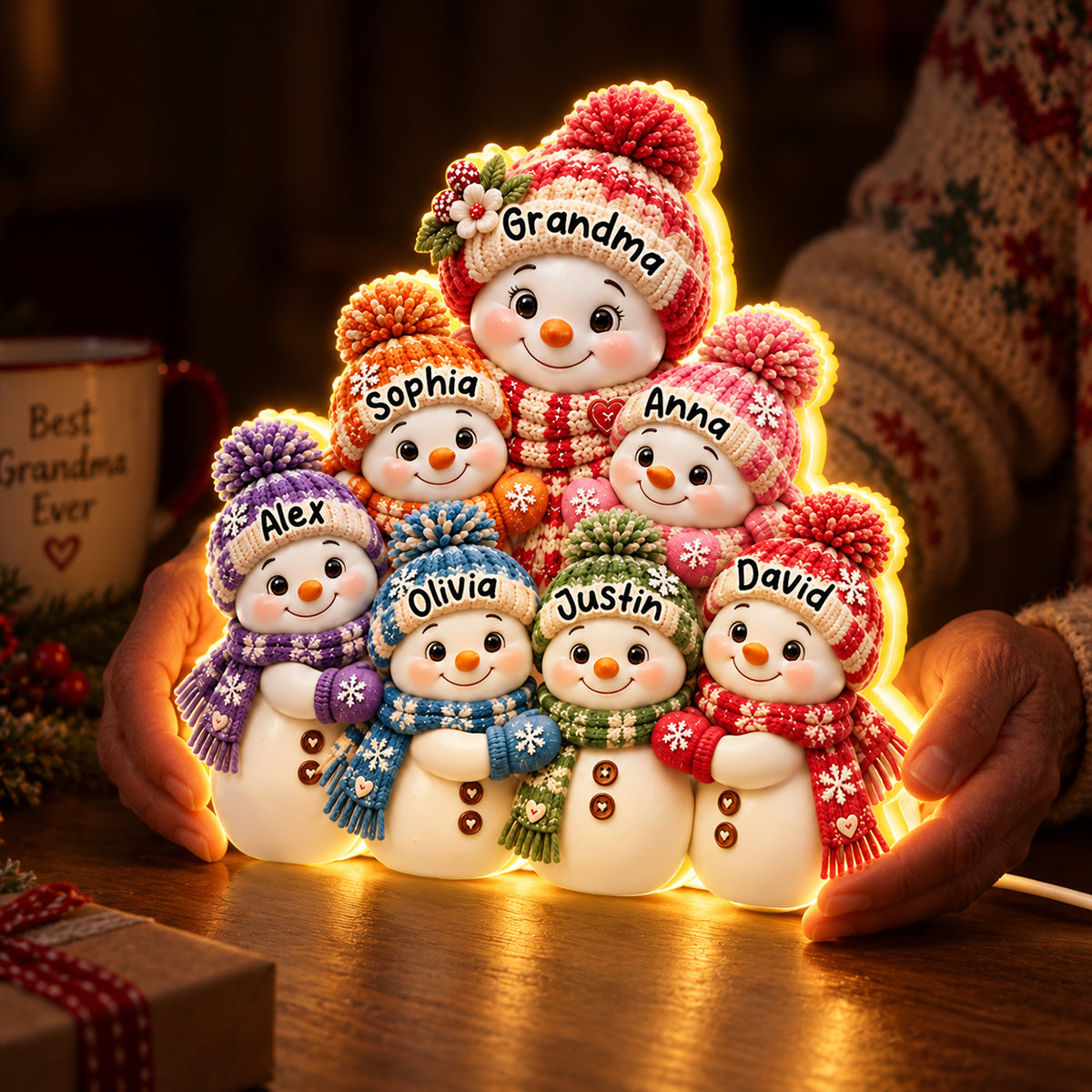 Cute Snowman Grandma Hugging Grandkids - Personalized Light Box - Heartfelt Christmas Gift for Grandma