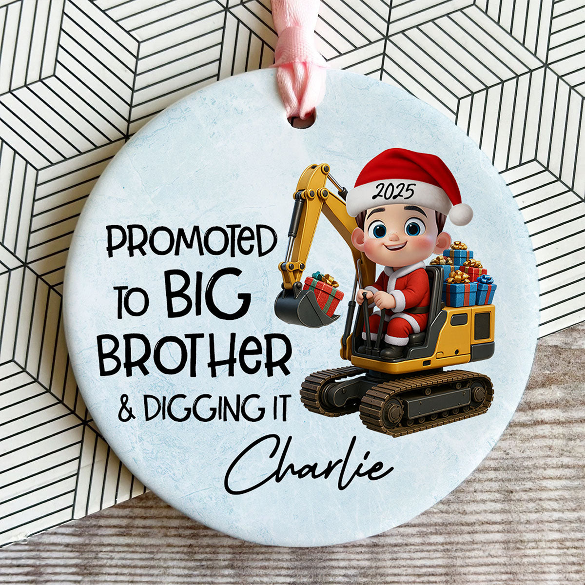 Promoted To Big Brother & Digging It Kid Driving Excavator - Personalized Ceramic Ornament - Proud New Big Brother Gift