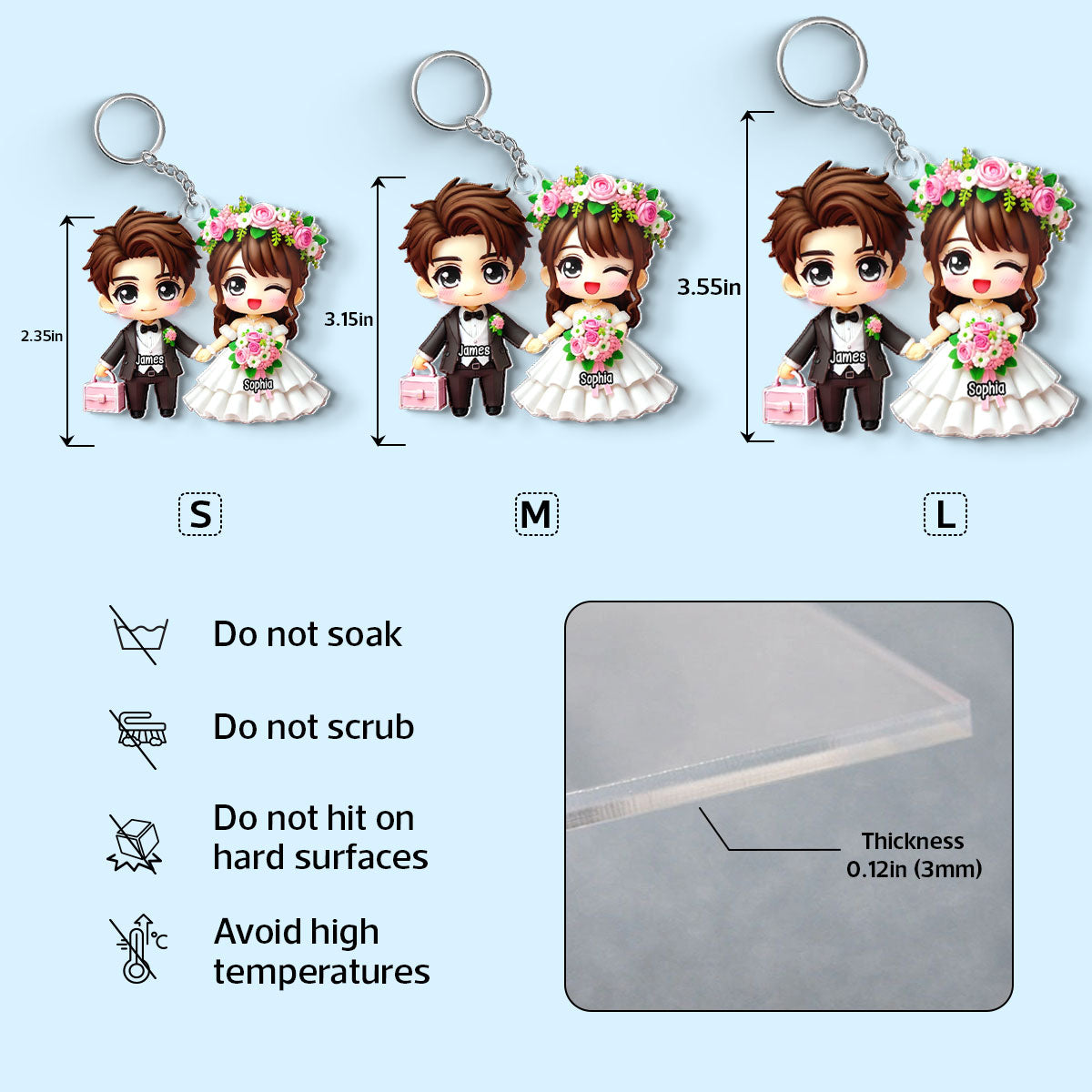 3D Effect Wedding Cartoon Chibi Couple Personalized Acrylic Keychain, Gift for him, Gift for her