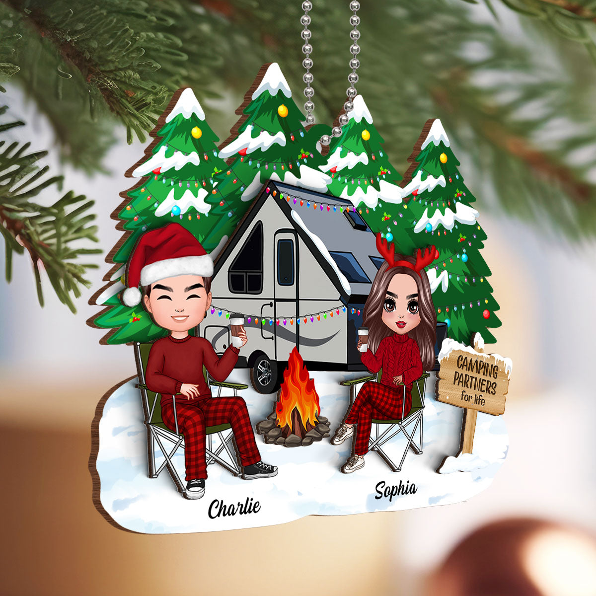 Camping Couple Christmas Personalized 2-Layer Wooden Ornament