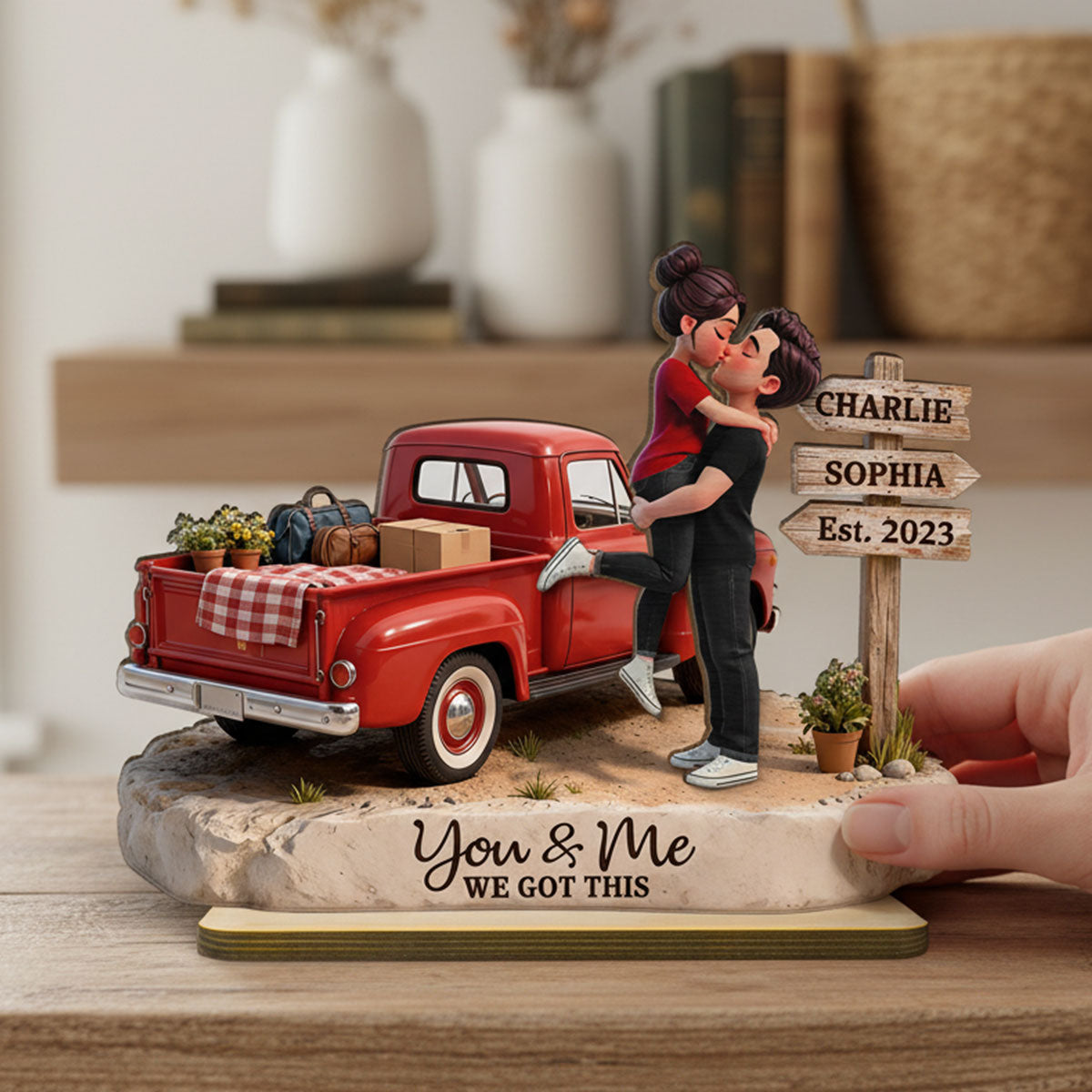 Romantic Couple Pickup Truck Sign Post - Personalized 2-Layered Wooden Plaque - Heartfelt Valentine's Day Gift For Couple, Farmhouse Decor