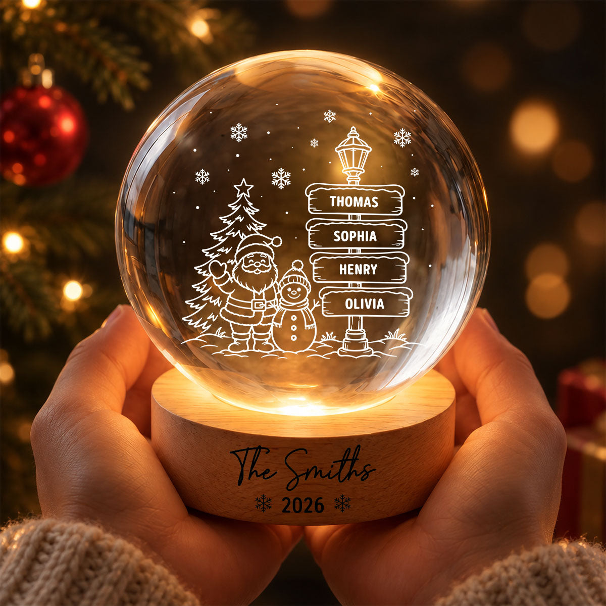 Joyful Christmas Custom Family Names - Personalized Crystal Ball LED Night Light - Gift For Family, Boy Girl