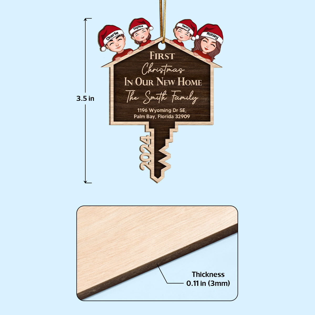 First Christmas In Our New Home Personalized Wooden Ornament, House Key Ornament For Christmas