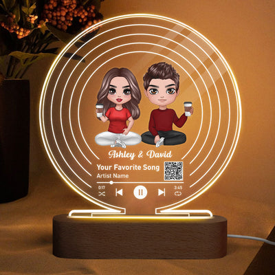 Relationship Song Doll Couple Sitting Scannable QR Code Music Record Personalized Acrylic Circle Plaque With LED Night Light