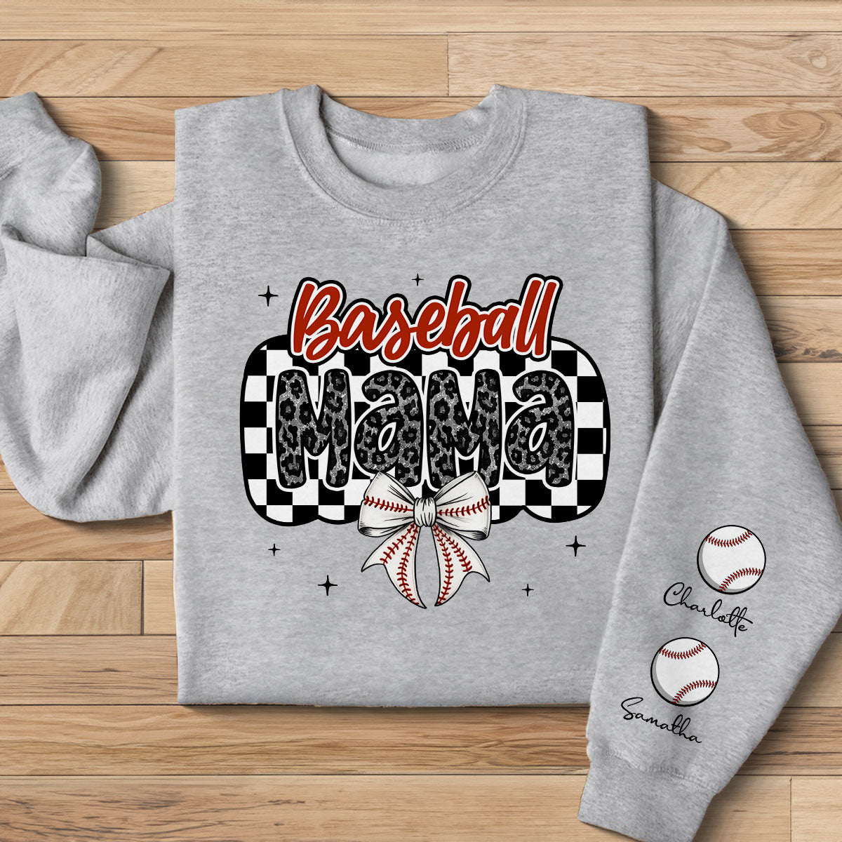 Retro Baseball Mom Coquette Bow Personalized Sleeve Printed Sweatshirt, Proud Baseball Mom Game Day Shirt, Gift For Baseball Mom
