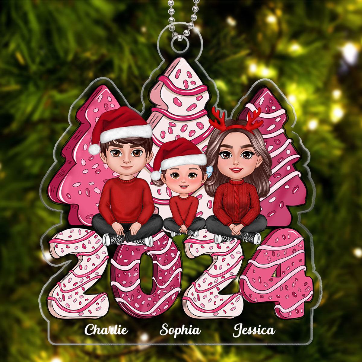Family Crossed Legs Sitting Pink Christmas Tree Cake Patterned Personalized Acrylic Ornament