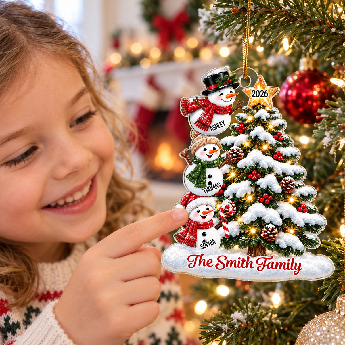 Snowman Family Grandkids Christmas Tree - Personalized Acrylic Ornament - Gift For Boys, Girls