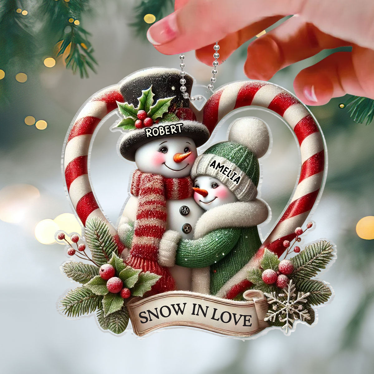 Snow in Love Couple Candy Cane Heart Personalized Acrylic Ornament, Unique Christmas Gift For Her, For Him, For The Couple