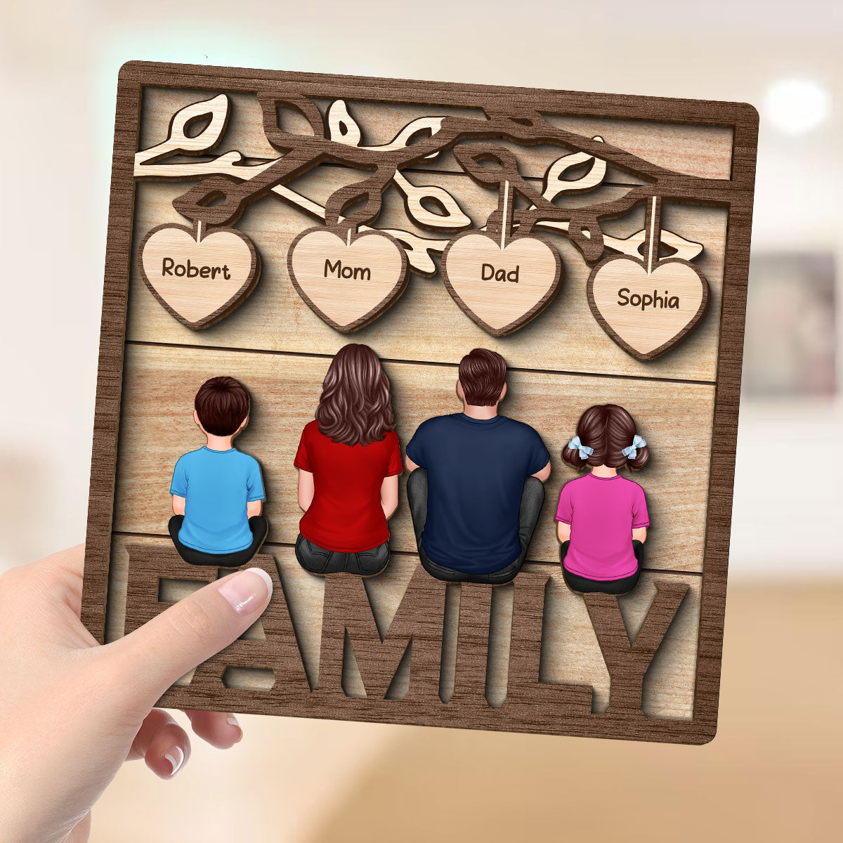 Family Dad Mom Kids Dogs Cats Sitting On Word Under Tree Personalized 2-Layer Wooden Plaque