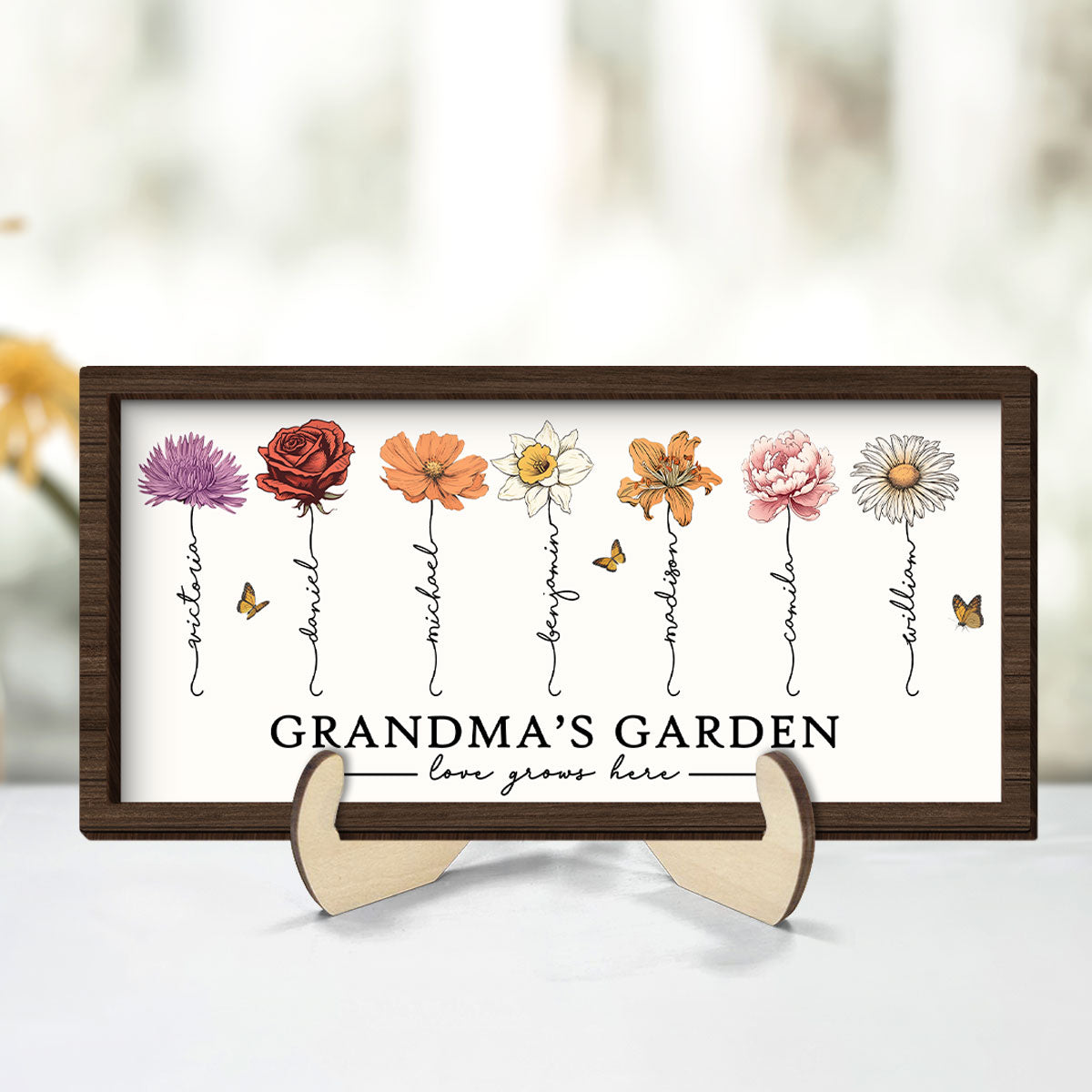 Love Grows Here Grandma's Garden Birth Month Flowers 2-Layer Wooden Plaque, Gift for Grandma, for Mom