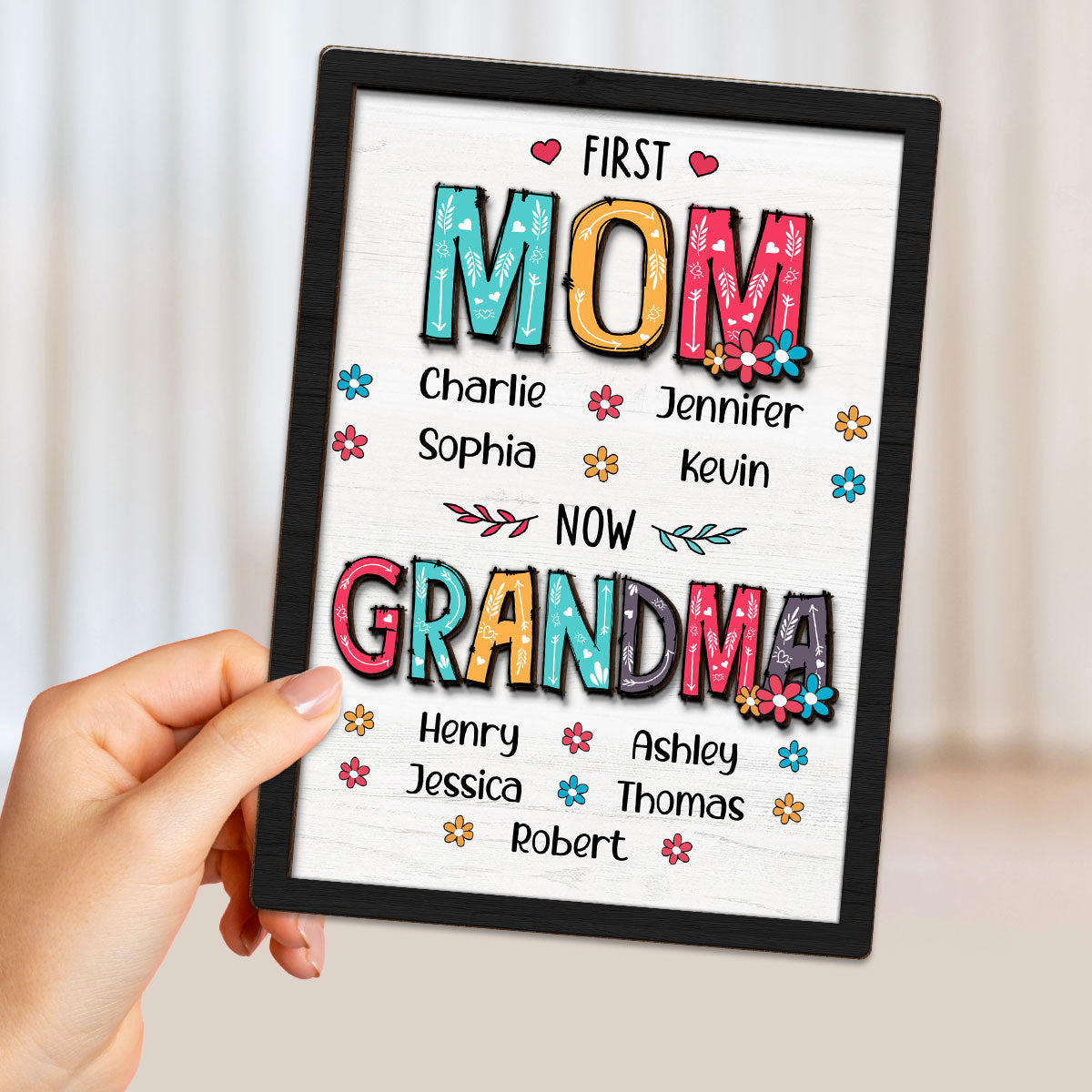 First Mom Now Grandma Floral Personalized 2-Layer Wooden Plaque