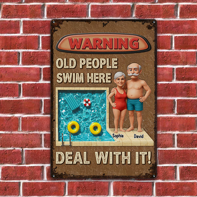 3D Effect Warning Old People Swim Here Funny Summer Decor Personalized Metal Sign