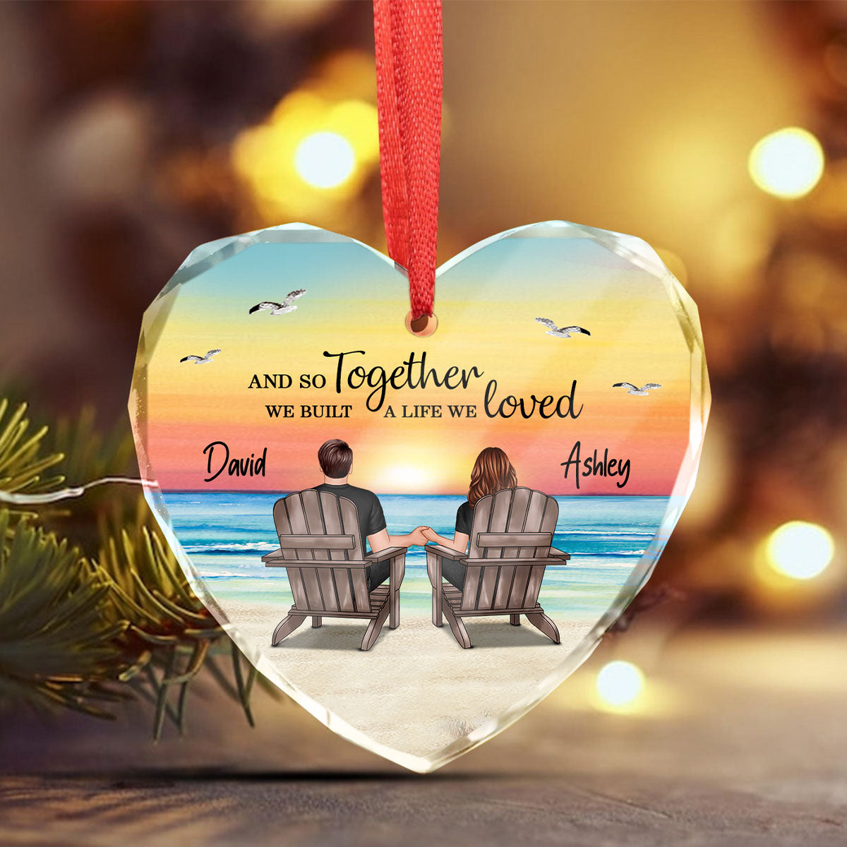 Couple Sitting Eternal Sunset Beach Personalized Heart Glass Ornament, Heartfelt Christmas Gift For Girlfriend, For Wife