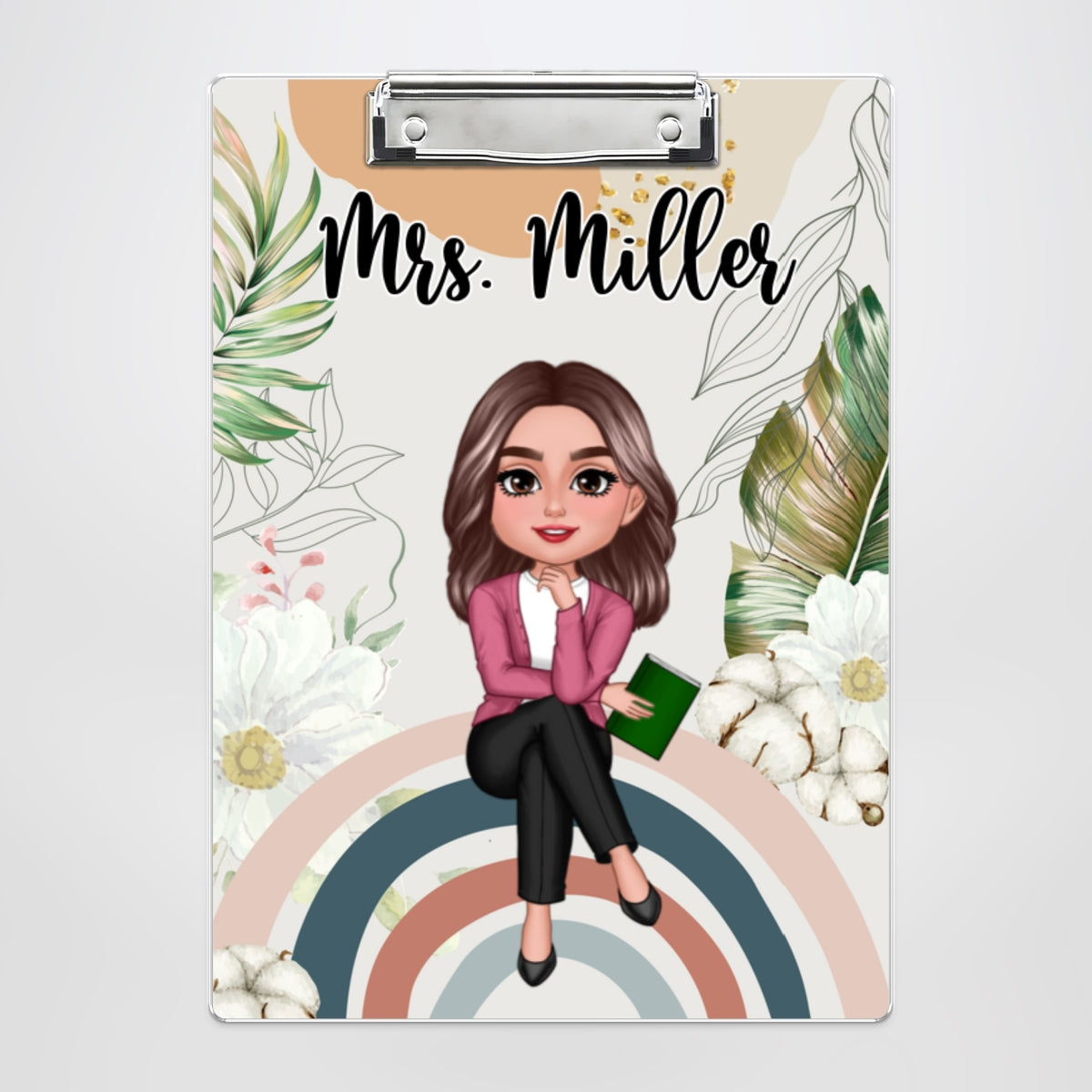 Teacher Sitting On Rainbow Personalized Clipboard, Gift For Teacher, Teacher Appreciation Gift, Back To School Gift
