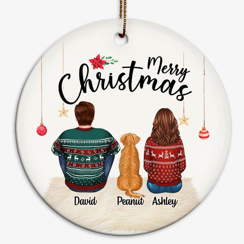 Couple Sitting With Dogs Christmas Personalized Circle Ornament