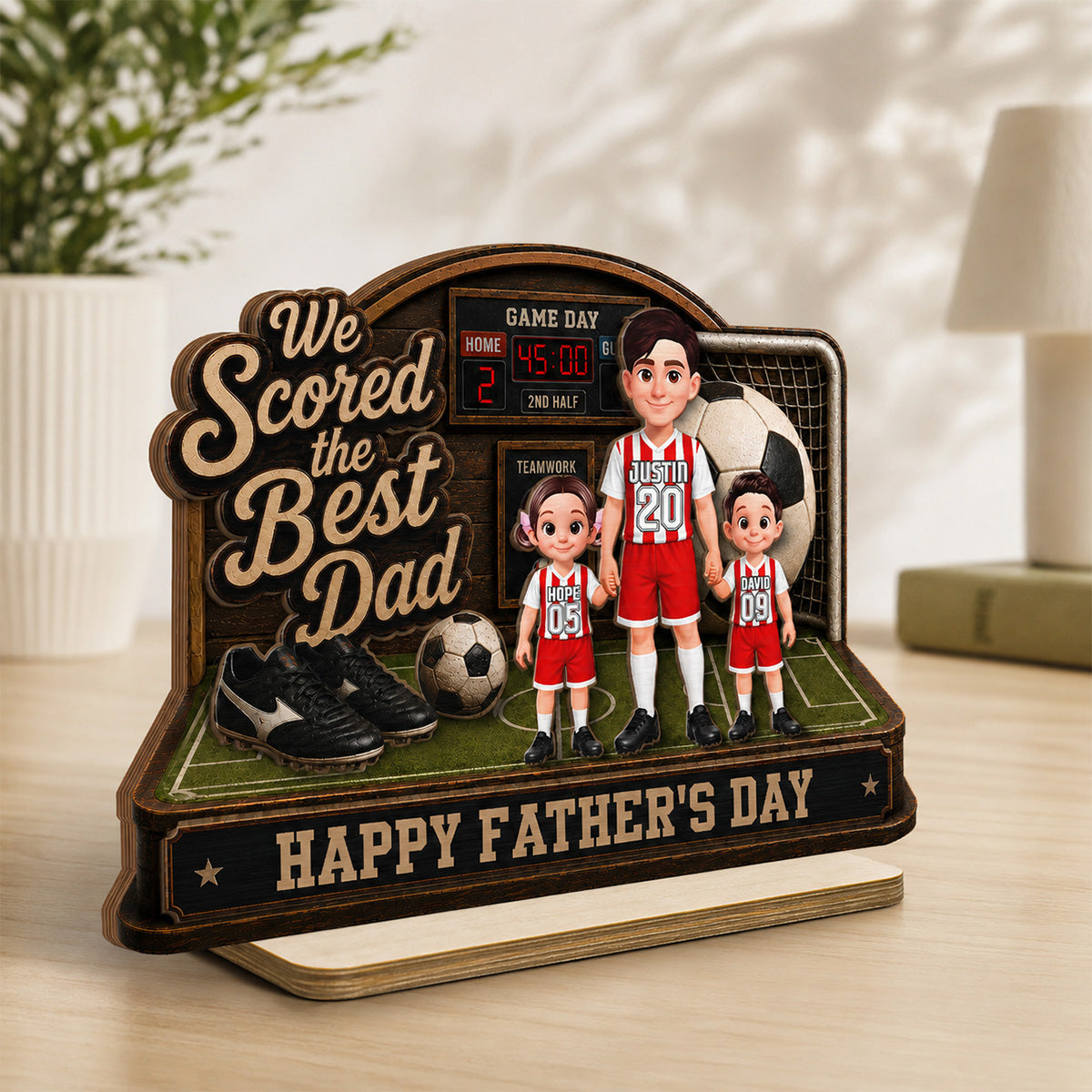 Soccer Dad & Kids On Court 2D Flat - Personalized 2-Layered Wooden Plaque - Father's Day Gift For Soccer Dad, UK Football Dad