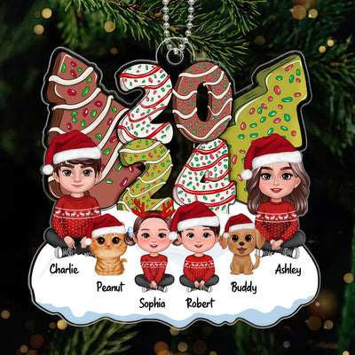 Family Dad Mom Kids Dogs Cats Sitting By 2024 Christmas Tree Cake Patterned Personalized Acrylic Ornament