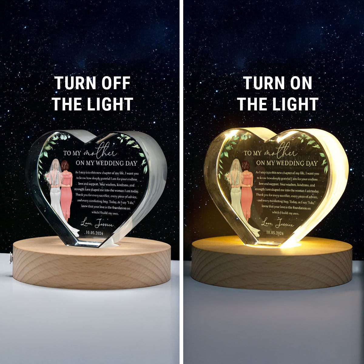 Personalized Wedding Mother of the Bride Gift from Daughter, a Treasure Forever Custom Premium Crystal Heart LED, Free Shipping Included