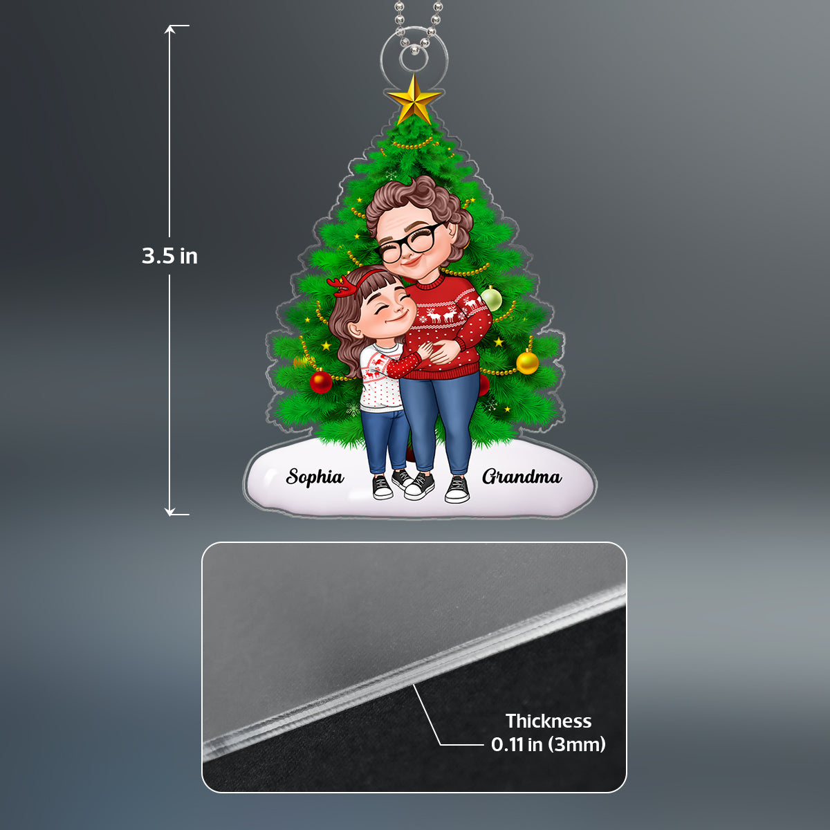 Cartoon Grandma & Grandkid Hugging By Christmas Tree Personalized Acrylic Ornament