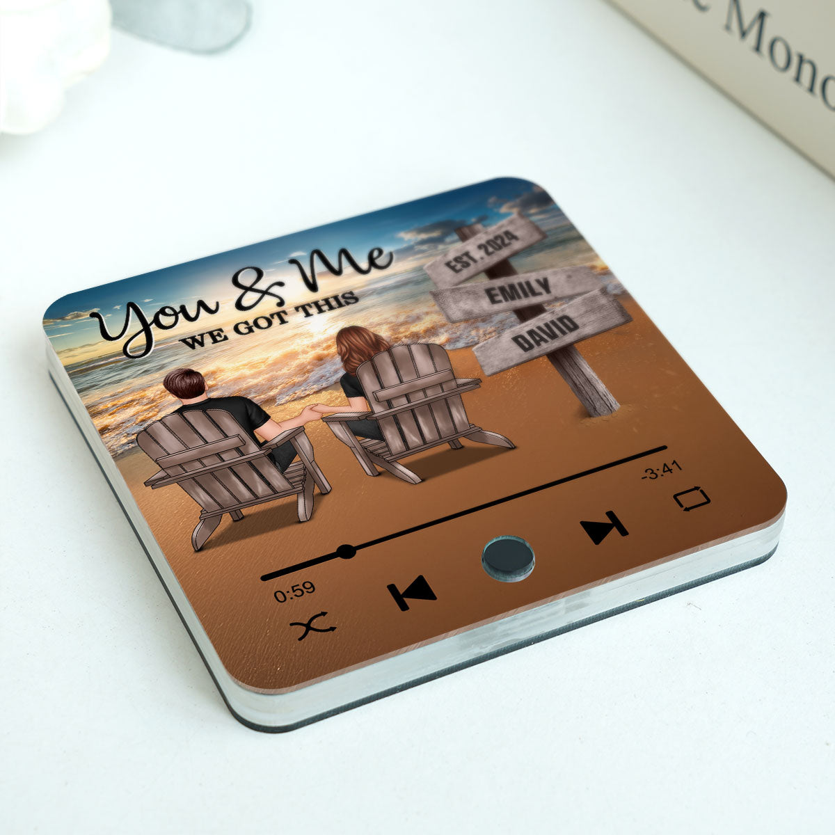 Romantic Beach Landscape Couple Sitting Holding Hands Sign Posts Personalized Bluetooth Music Fridge Magnet, Heartfelt Gift For Couple, For Him, For Her, Boyfriend, Girlfriend, Husband, Wife