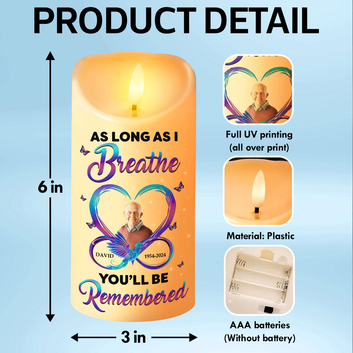 As Long As I Breathe You'll Be Remembered Personalized Flameless LED Candle, Christmas Gift, Sympathy Gift For Family Members
