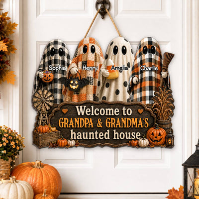Halloween Farmhouse Style Welcome To Grandma Grandpa Haunted House - Personalized Wood Sign - Halloween Decoration For Grandparents