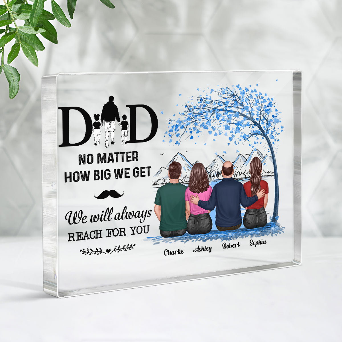 Back View Dad And Daughters Sons Sitting Under Tree Personalized Horizontal Rectangle Acrylic Block
