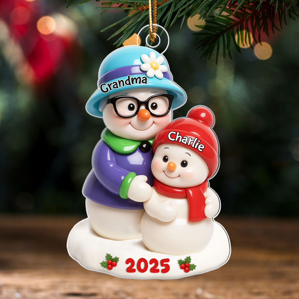 Snowman Grandma Hugging Grandkids 3D Effect Personalized Acrylic Ornament, Christmas Gift for Granddaughter, Grandson, Grandma