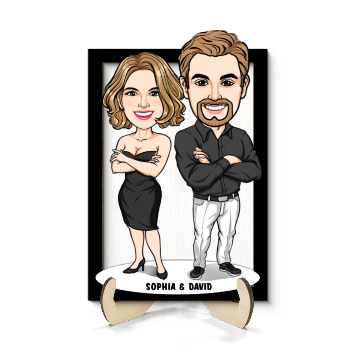 Funny Caricature Couple Valentine‘s Day Gift For Him For Her Personalized 2-Layer Wooden Plaque