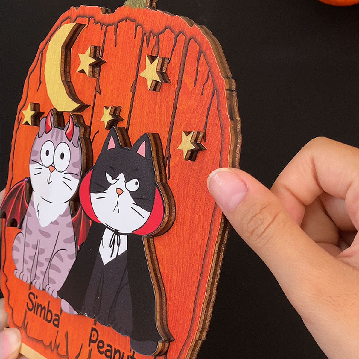 Halloween Funny Cats Pumpkin Shaped Personalized 2-Layer Standing Wooden Plaque, Spooky Halloween Tabletop, Tiered Tray, Shelf Sitter Decoration