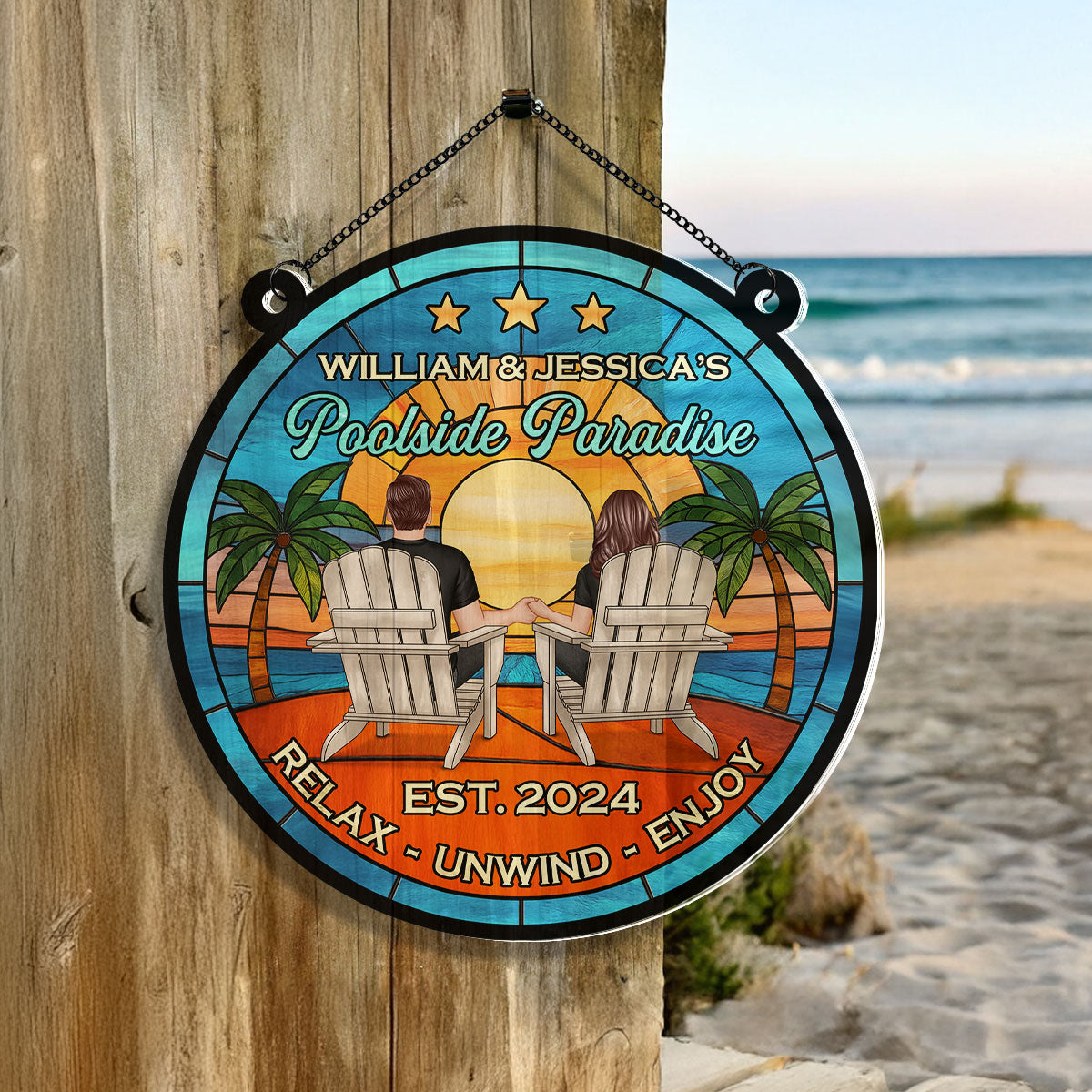 Couple Poolside Backyard Paradise Personalized Acrylic Suncatcher