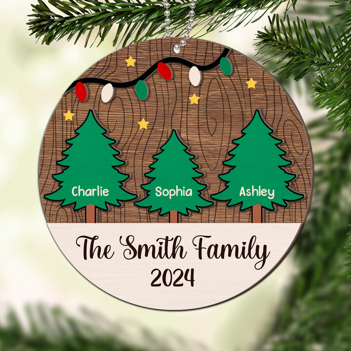 Christmas Tree Family Member Names Personalized 2-Layer Wooden Ornament