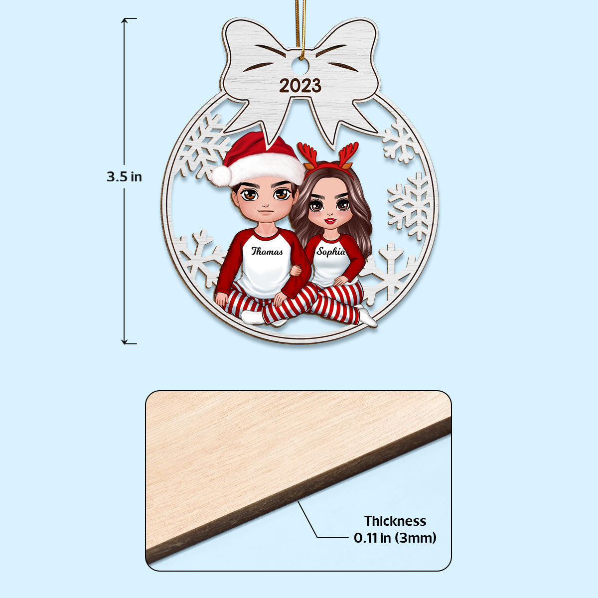 Couple Sitting Bow Tied Christmas Personalized Wooden Ornament