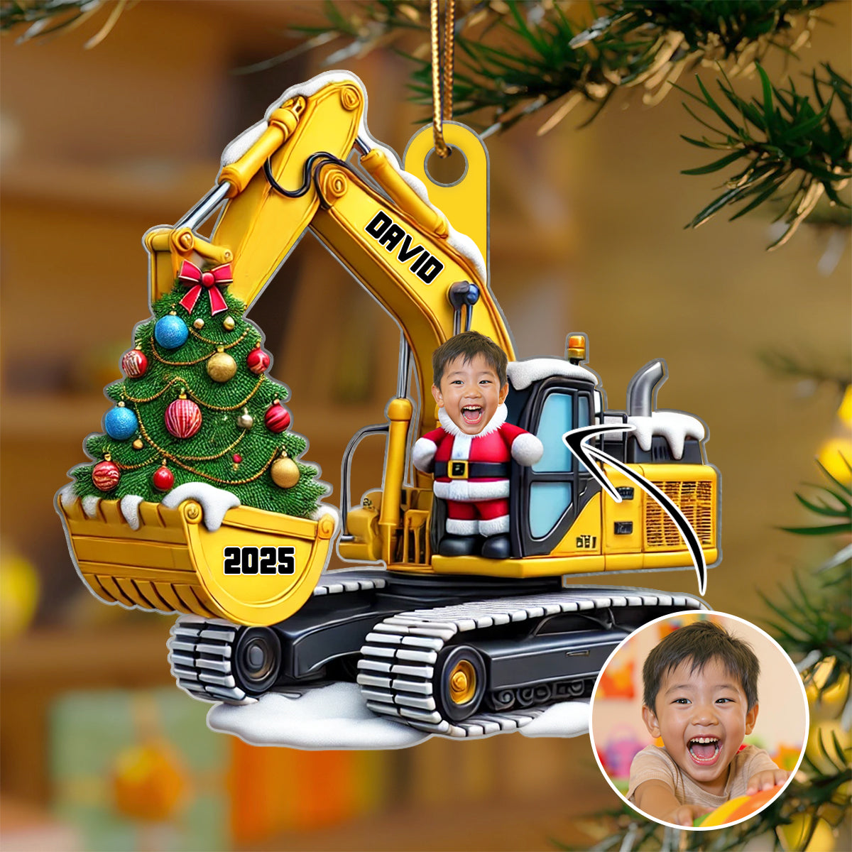 Personalized Xmas Excavator Construction Backhoe Kid Photo Ornament, 3D Effect Xmas Gift For Kids