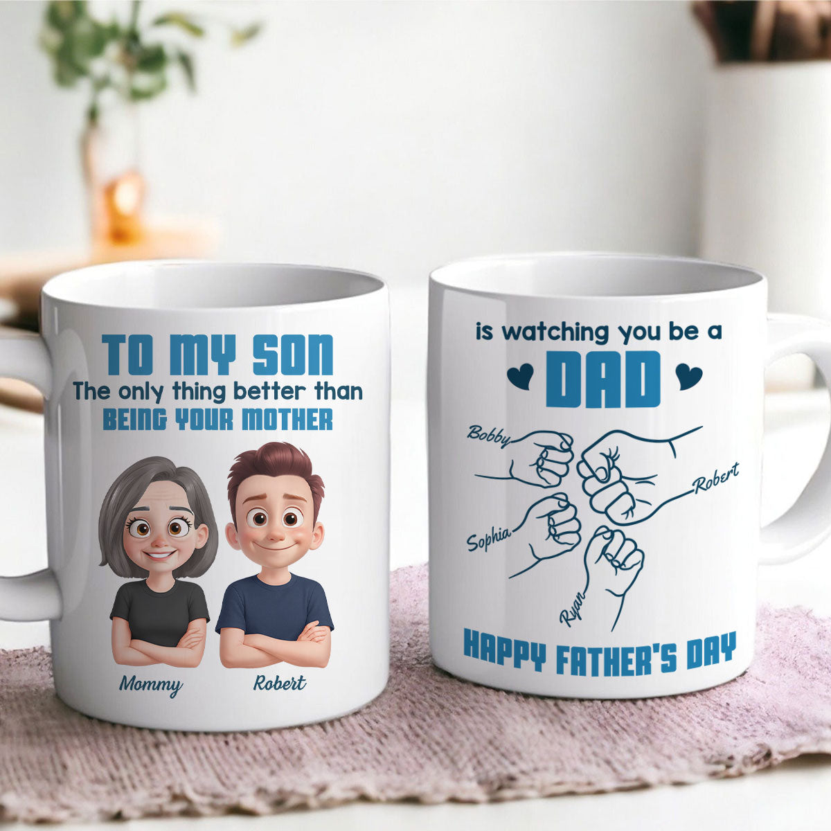 From Mom To Son Watching You Be A Dad Cartoon Style Fist Bump Personalized Mug, Father's Day Gift For Son