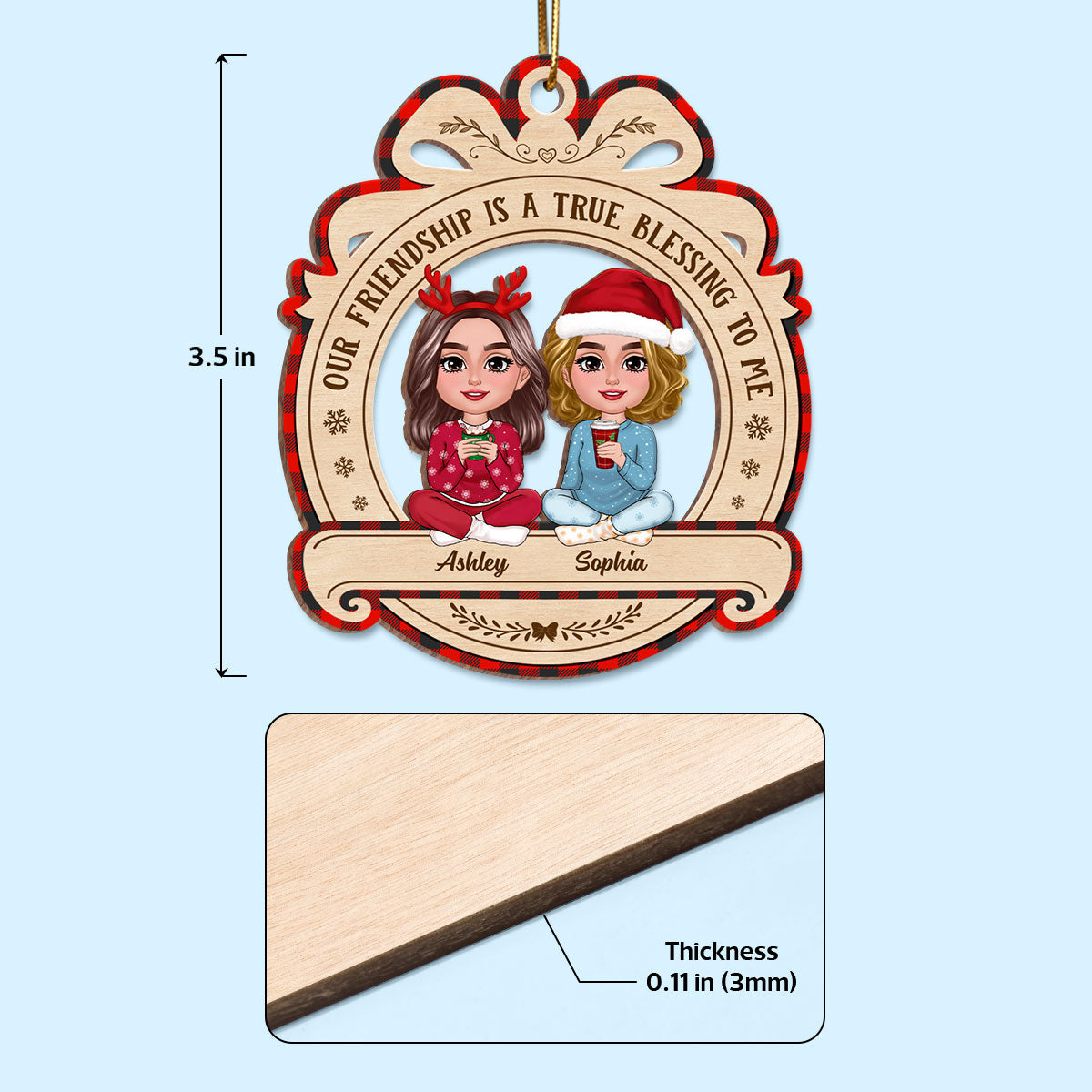 Christmas Besties Sisters Sitting Pretty Personalized Wooden Ornament