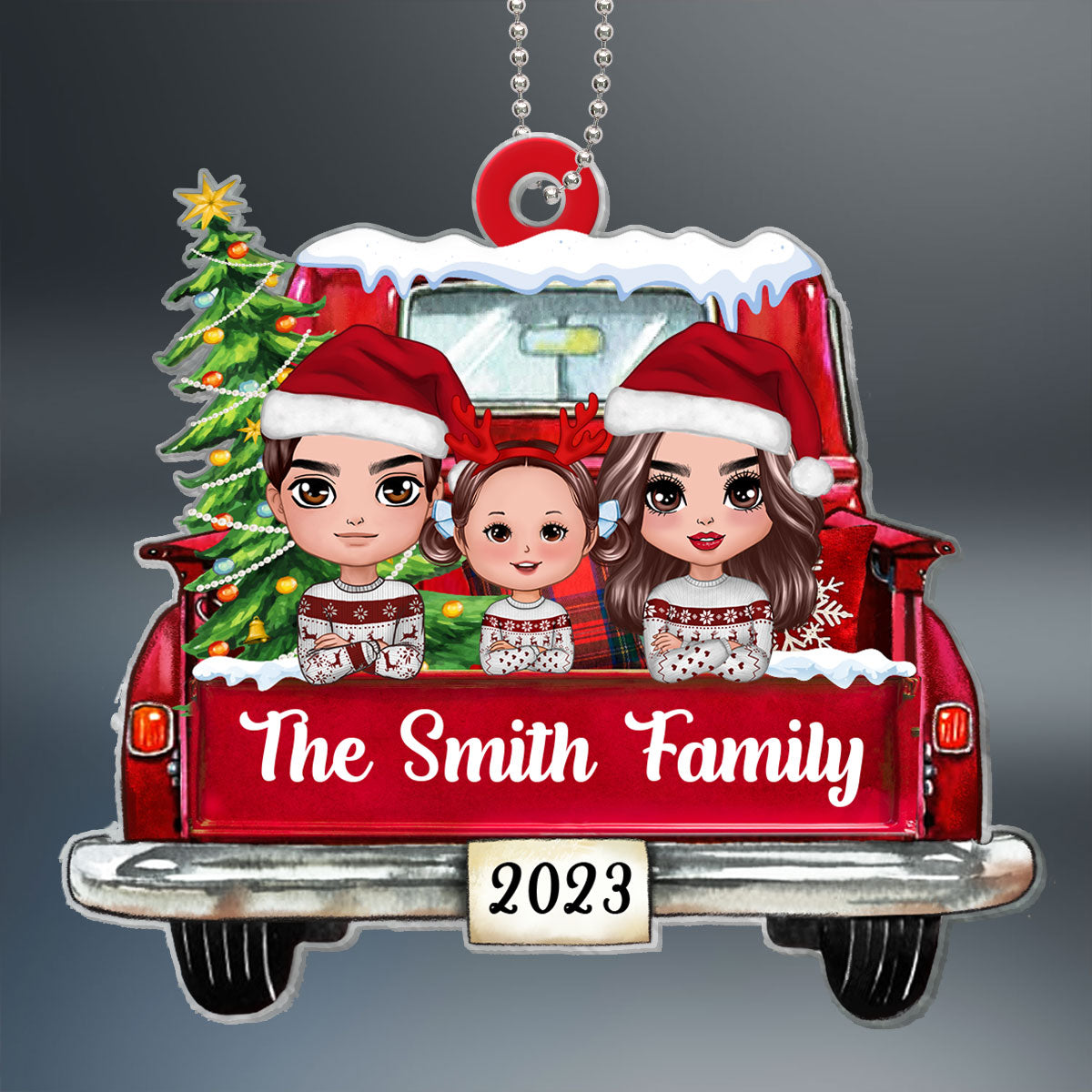 On Christmas Truck Family Dad Mom Kids Dogs Cats Personalized Acrylic Ornament