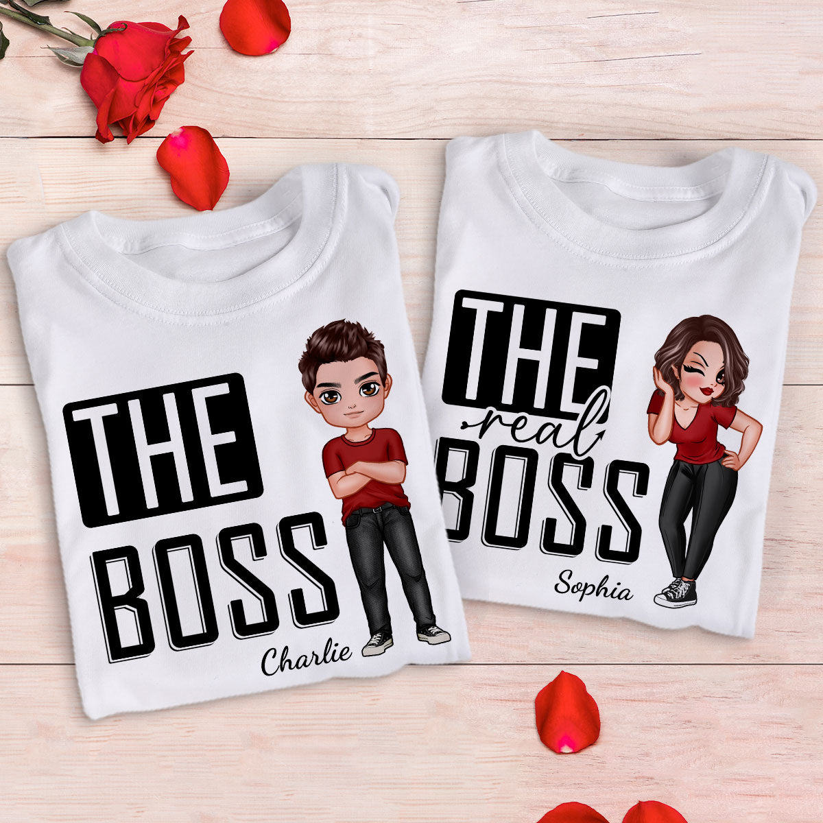 The Boss The Real Boss Funny Valentine‘s Day Gift For Couple Personalized Matching Shirts [Set of 2 Shirts]