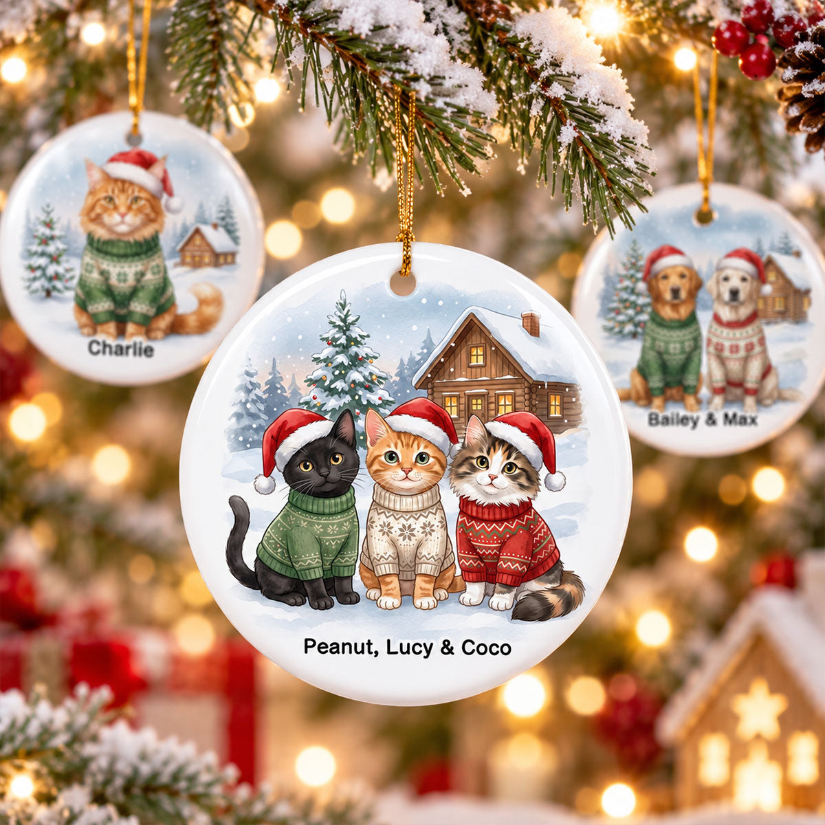 Christmas Cat Dog Upload Photo - Personalized Ceramic Ornament - Gift For Cat Lover, Dog Lover