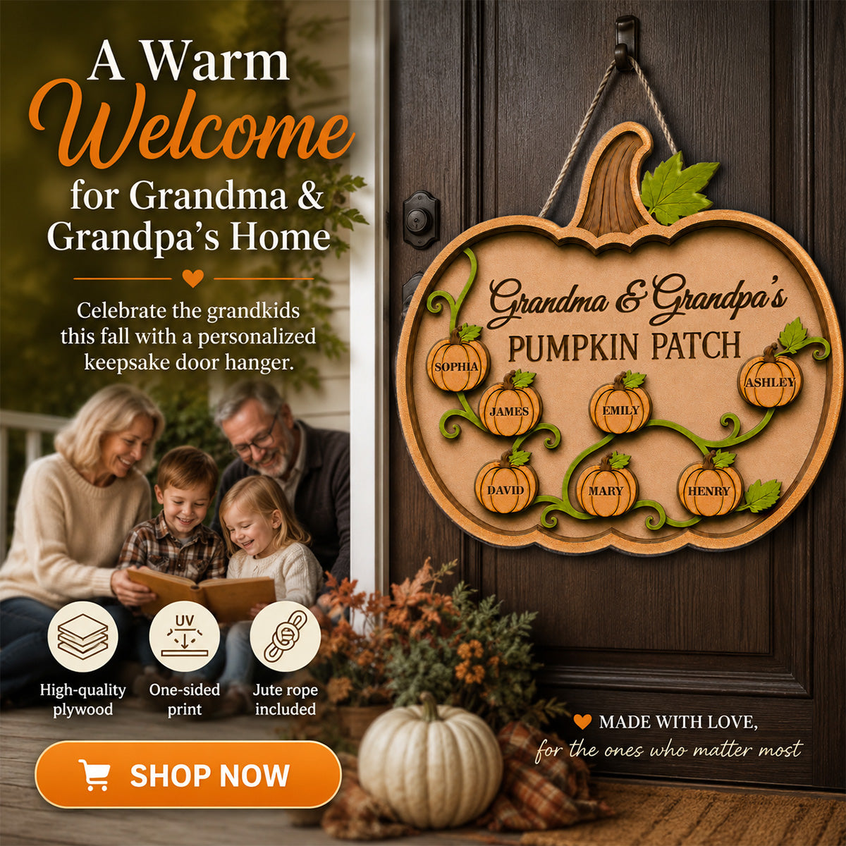 Grandma Grandpa Pumpkin Vine 2D Flat - Personalized Wood Sign - Fall Season Decoration