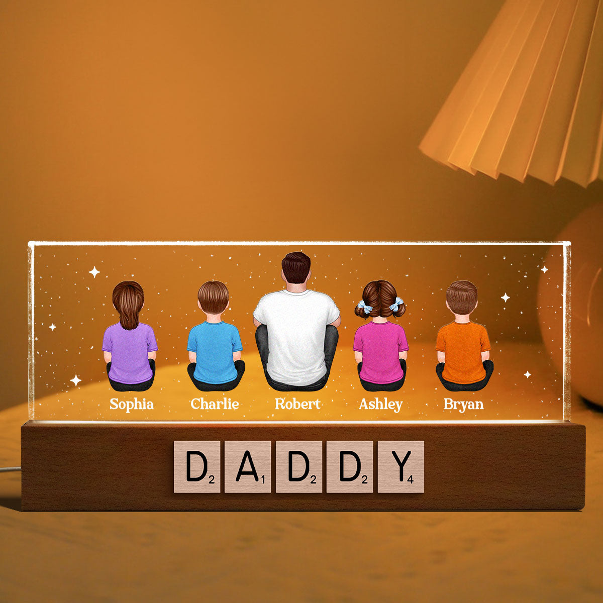 Daddy Grandpa Letters Wood Texture Sitting Back View Personalized Acrylic LED Night Light