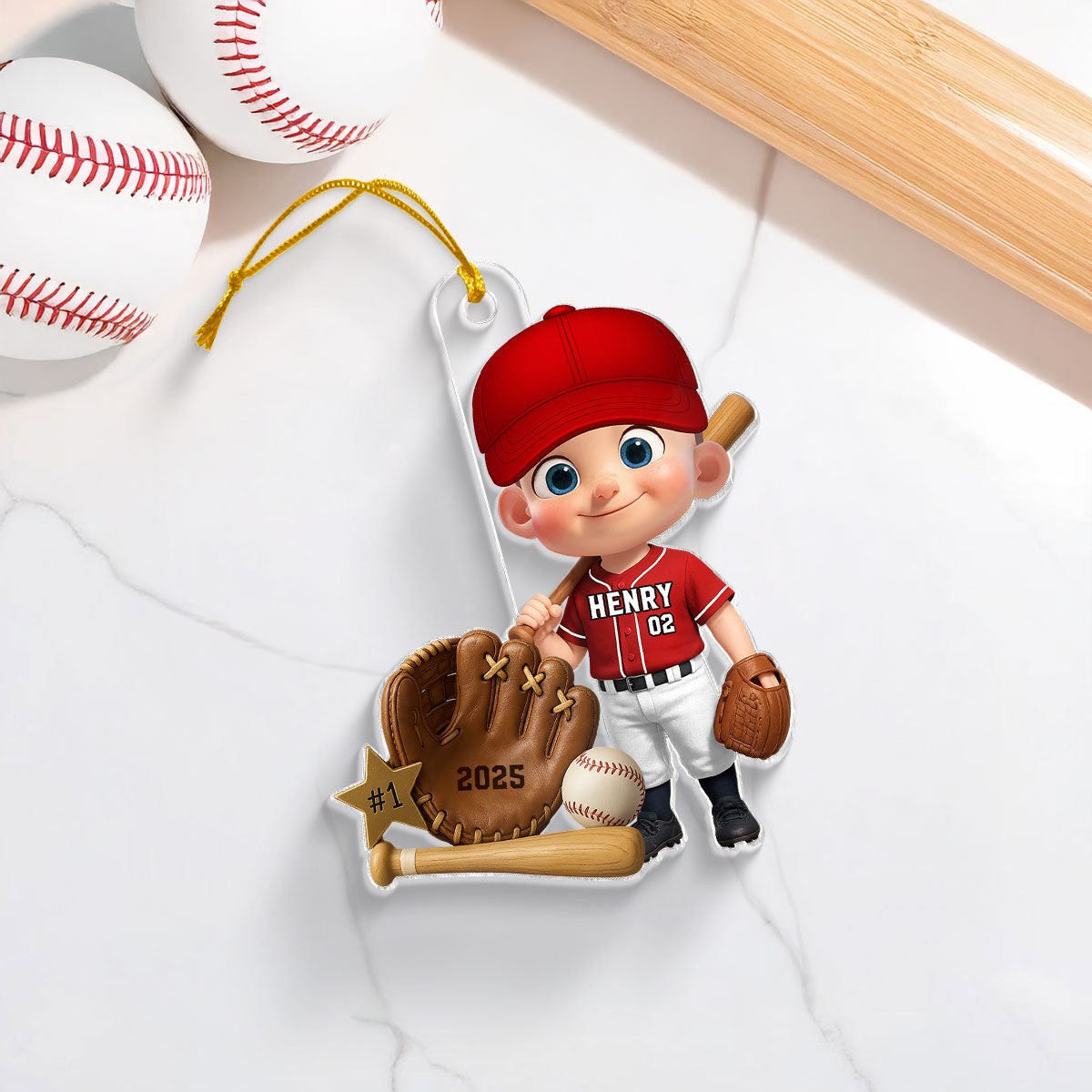 Baseball Player With Baseball Mitt Bat Ball - Personalized Acrylic Ornament - Gift For Kids, Grandkids