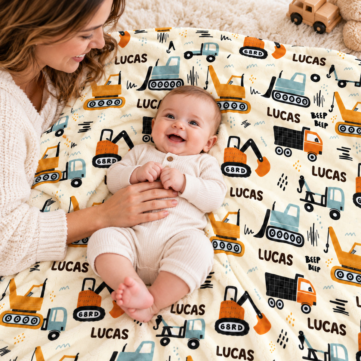 Construction Vehicle Custom Baby Name - Personalized Fleece Blanket - Nursery Construction Theme For Baby Boy