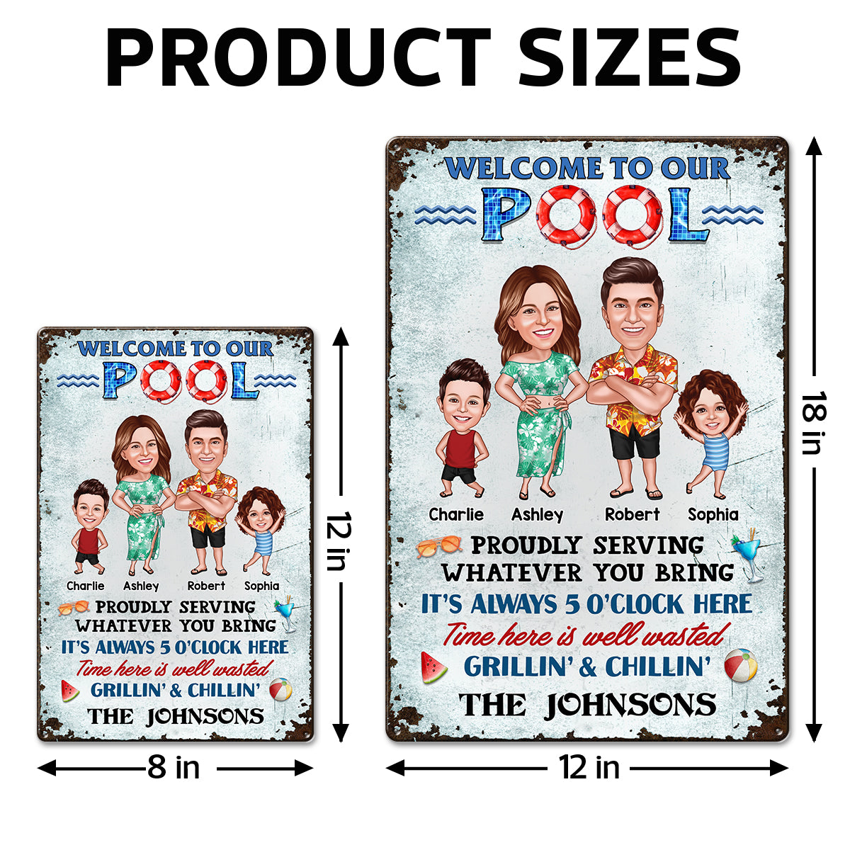 Welcome To Our Pool Caricature Family, Summer Swimming Decor, Personalized Metal Sign