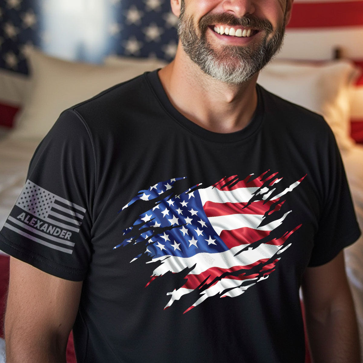 Patriotic 4th Of July Ripped Flag Custom Name Personalized Sleeve Printed Shirt